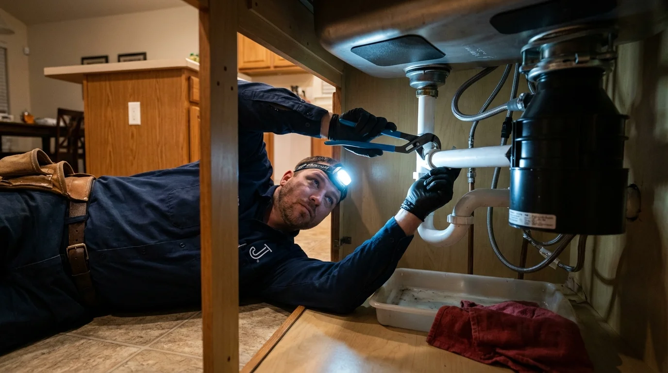 P-trap and supply line connections under a kitchen sink showing a common leak point in Lewiston, ID